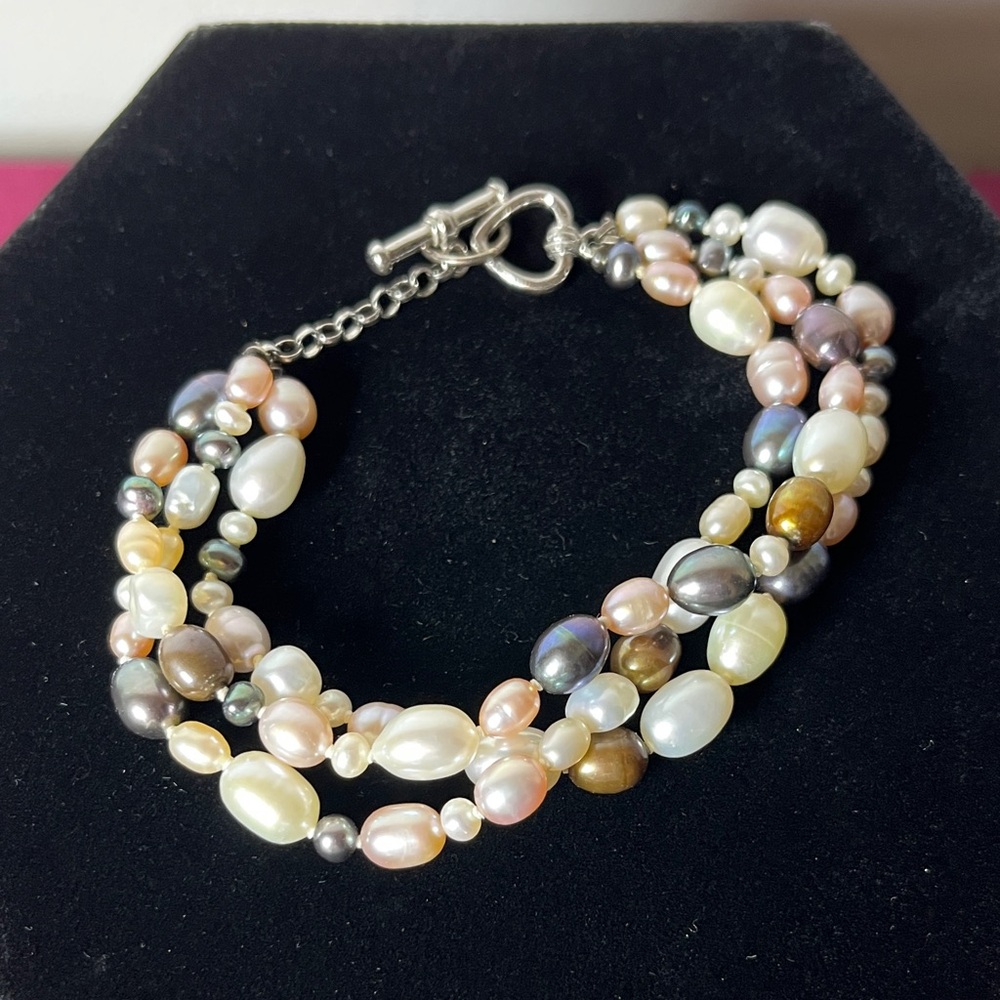 Colorful Freshwater Pearls‎ Multi Strand Heart Toggle Clasp Bracelet